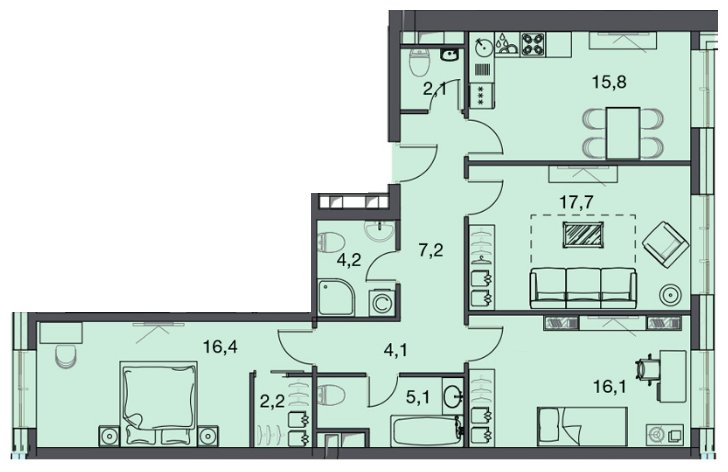3-комнатная квартира с частичной отделкой, 95.2 м2, 7 этаж, дом сдан, ЖК Фили Сити, корпус 3 - объявление 1347000 - фото №1