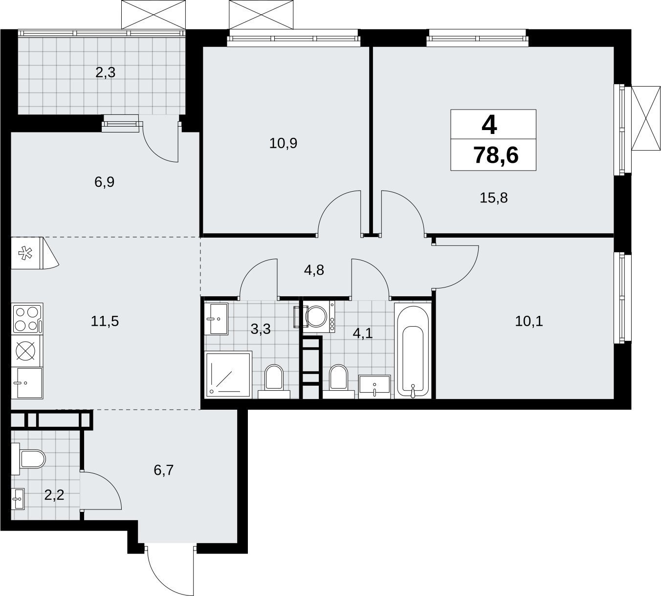4-комнатная квартира (евро) без отделки, 78.6 м2, 9 этаж, сдача 4 квартал 2026 г., ЖК Скандинавия, корпус 2.18.1.1 - объявление 2350611 - фото №1