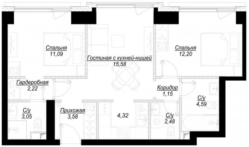 2-комнатная квартира с частичной отделкой, 60.3 м2, 4 этаж, сдача 1 квартал 2023 г., ЖК Hide, корпус RiverSide - объявление 1746456 - фото №1