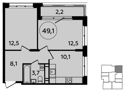 2-комнатная квартира с частичной отделкой, 49.1 м2, 15 этаж, сдача 1 квартал 2024 г., ЖК Скандинавия, корпус 2.23.2 - объявление 1514718 - фото №1