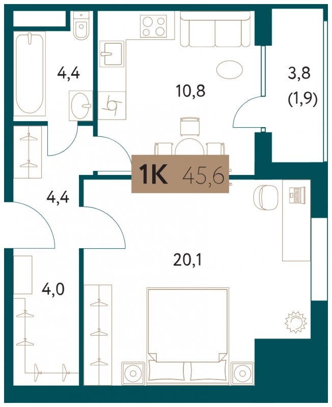1-комнатная квартира 45.6 м2, 3 этаж, сдача 4 квартал 2022 г., ЖК Настоящее, корпус 2 - объявление 1345568 - фото №1