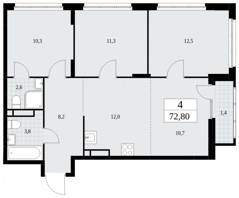 4-комнатная квартира с частичной отделкой, 72.8 м2, 12 этаж, сдача 4 квартал 2024 г., ЖК Скандинавия, корпус 36.2.1 - объявление 1779896 - фото №1