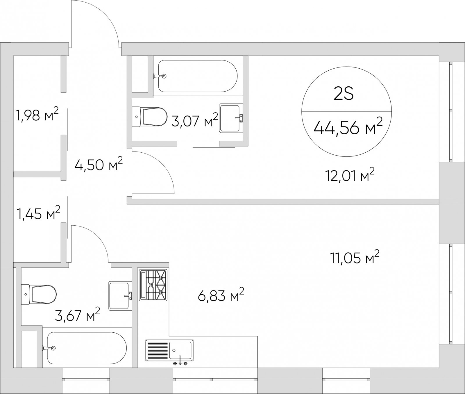 2-комнатные апартаменты без отделки, 44.56 м2, 12 этаж, дом сдан, ЖК N'ICE LOFT, корпус 1 - объявление 2406339 - фото №1