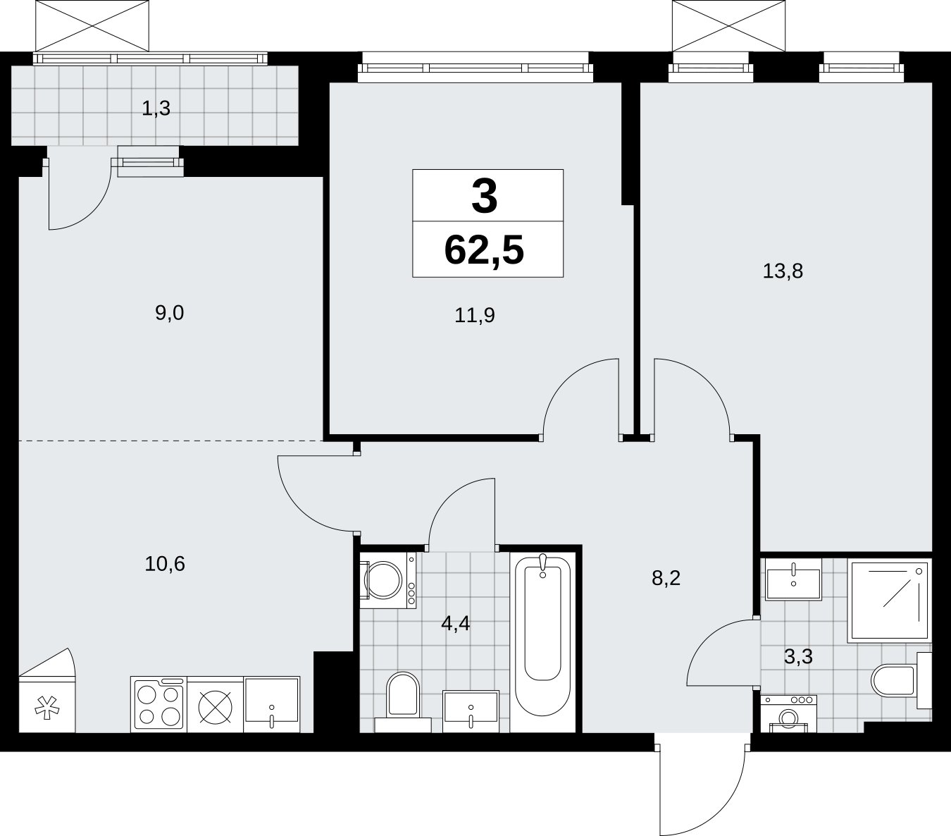 3-комнатная квартира (евро) с полной отделкой, 62.5 м2, 4 этаж, сдача 3 квартал 2026 г., ЖК Дзен-кварталы, корпус 6.1.3 - объявление 2327987 - фото №1