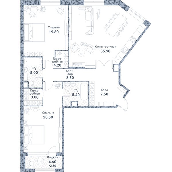 2-комнатная квартира без отделки, 111.4 м2, 2 этаж, сдача 3 квартал 2023 г., ЖК Серебряный фонтан, корпус 3 - объявление 1973119 - фото №1