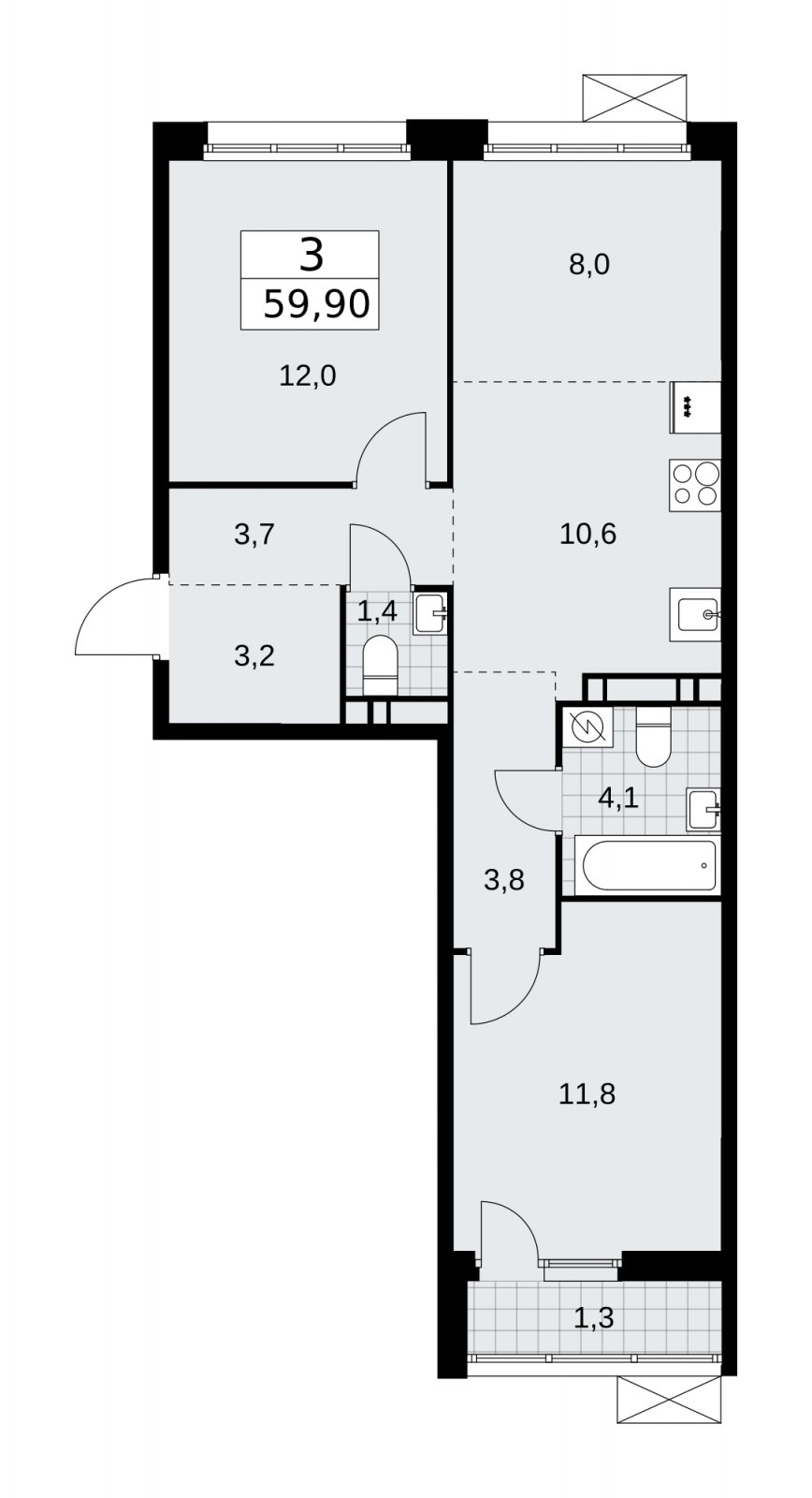 3-комнатная квартира (евро) с частичной отделкой, 59.9 м2, 9 этаж, сдача 4 квартал 2025 г., ЖК Бунинские кварталы, корпус 3.3 - объявление 2151988 - фото №1