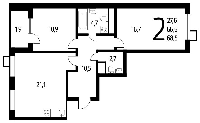 2-комнатная квартира с полной отделкой, 68.5 м2, 5 этаж, сдача 1 квартал 2024 г., ЖК Новые Ватутинки. Центральный, корпус 9/1/1.2 - объявление 2261687 - фото №1