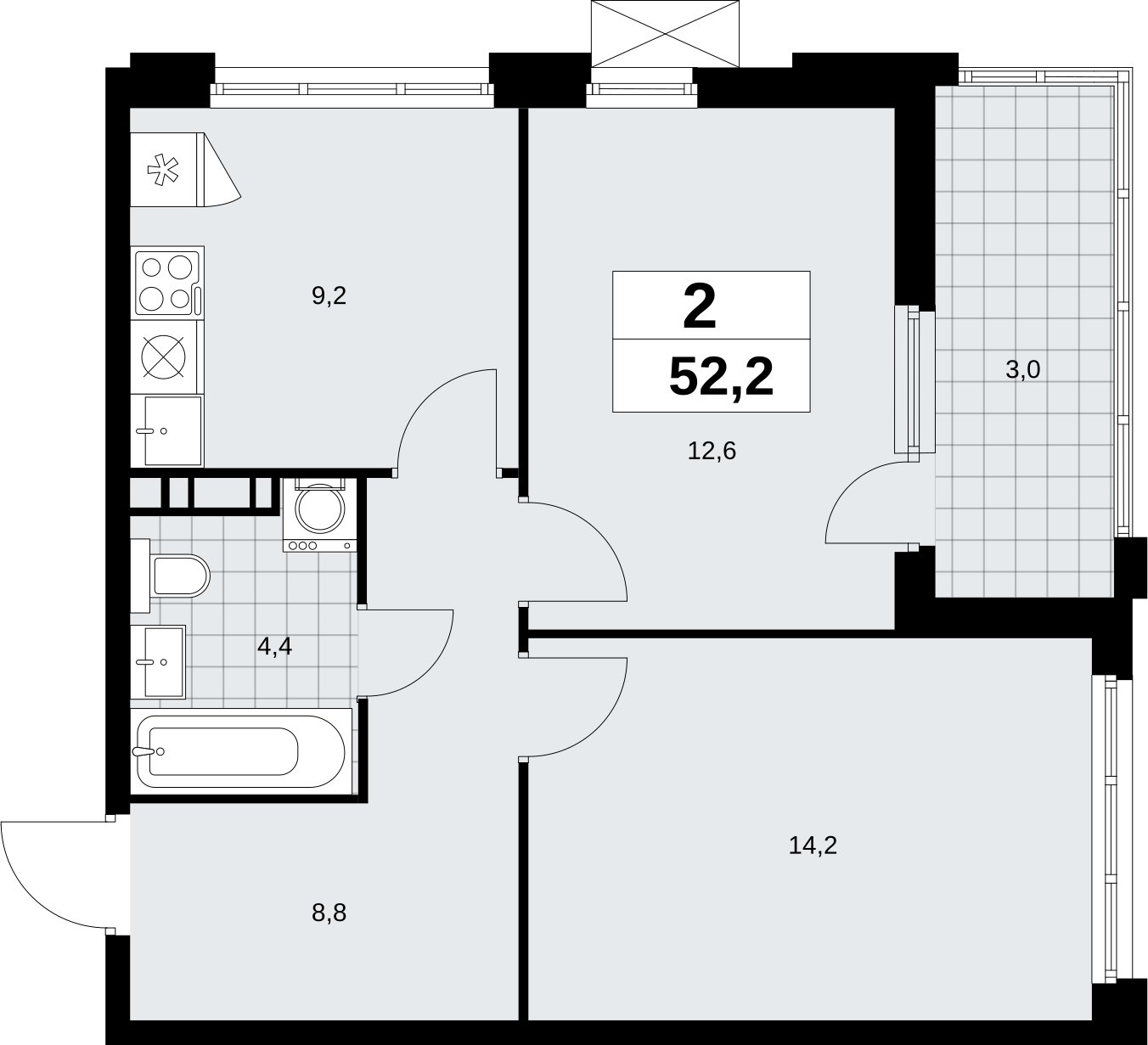 2-комнатная квартира без отделки, 52.2 м2, 12 этаж, сдача 4 квартал 2026 г., ЖК Скандинавия, корпус 2.18.1.3 - объявление 2350843 - фото №1