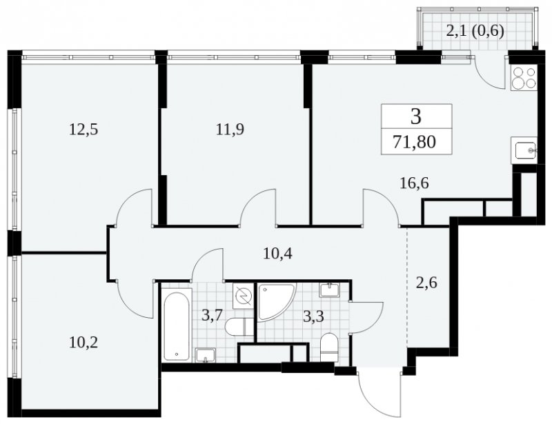 3-комнатная квартира без отделки, 71.8 м2, 29 этаж, сдача 2 квартал 2025 г., ЖК Южные сады, корпус 2.3 - объявление 1758422 - фото №1