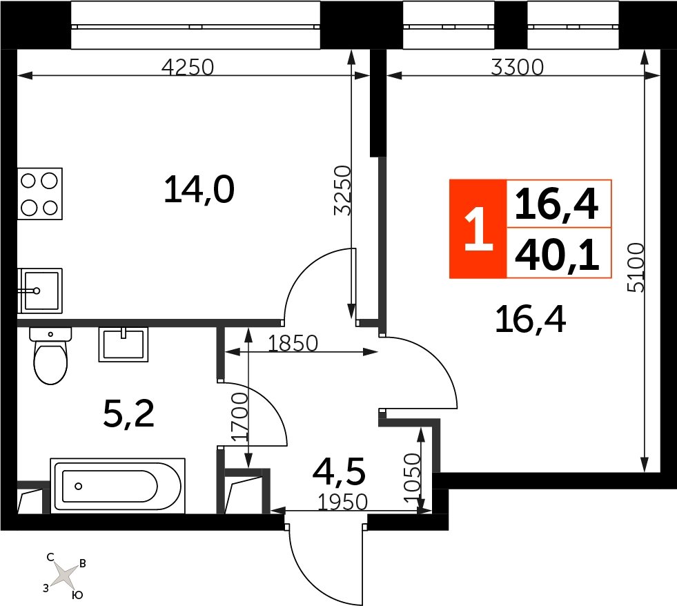 1-комнатная квартира с полной отделкой, 40.1 м2, 4 этаж, сдача 3 квартал 2024 г., ЖК Sydney City, корпус 2.1 - объявление 2207289 - фото №1