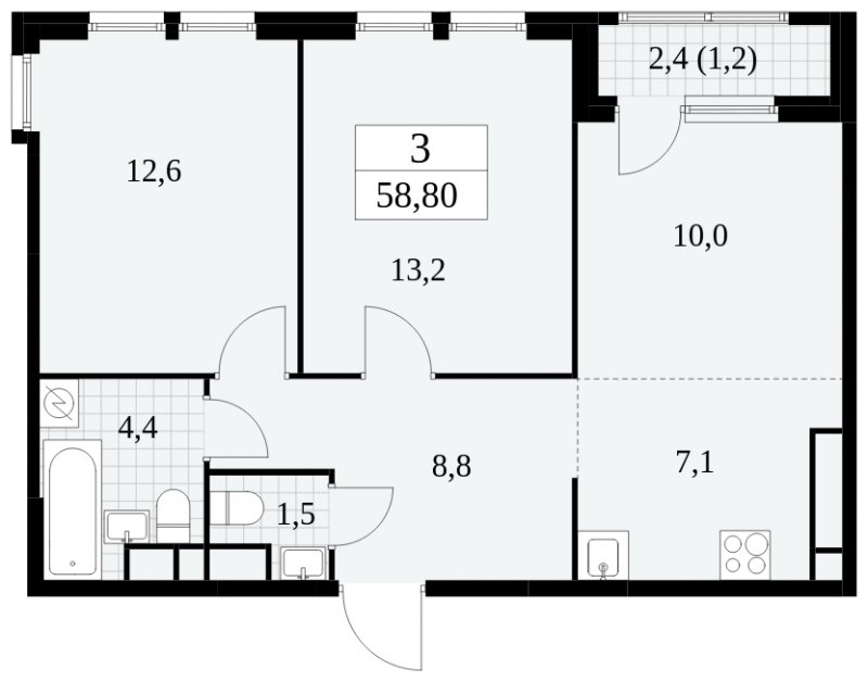3-комнатная квартира (евро) с частичной отделкой, 58.8 м2, 21 этаж, сдача 2 квартал 2025 г., ЖК Южные сады, корпус 2.2 - объявление 1757613 - фото №1