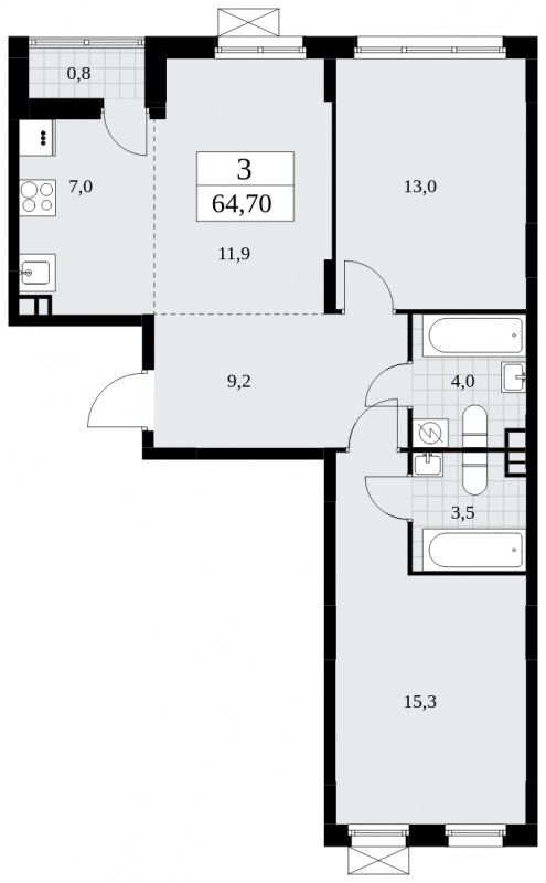 3-комнатная квартира (евро) с частичной отделкой, 64.7 м2, 3 этаж, сдача 3 квартал 2025 г., ЖК Дзен-кварталы, корпус 2.2 - объявление 1932371 - фото №1