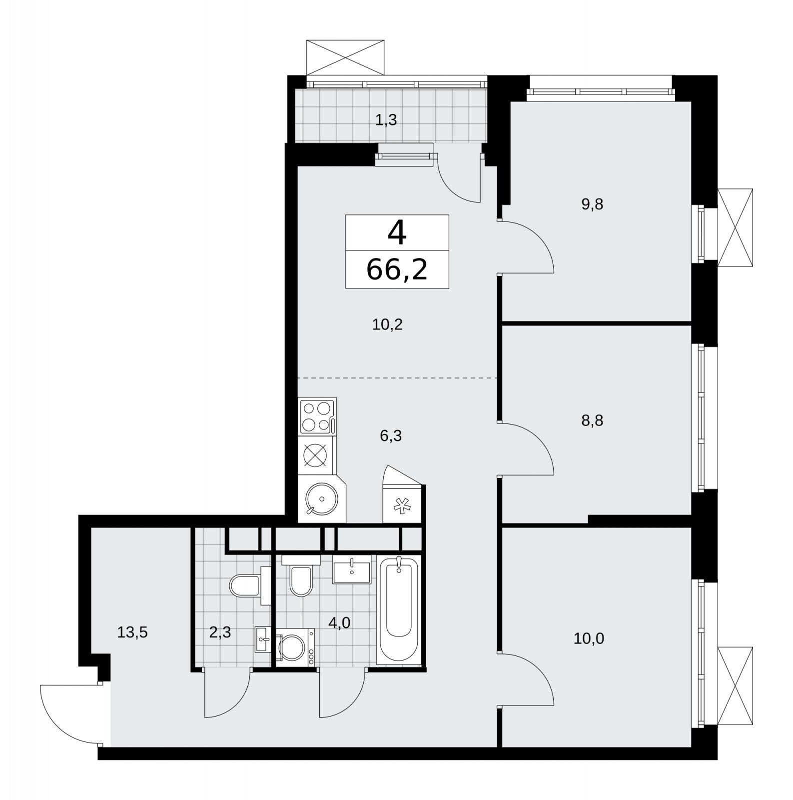 4-комнатная квартира (евро) без отделки, 66.2 м2, 13 этаж, сдача 1 квартал 2026 г., ЖК Скандинавия, корпус 37.2.1 - объявление 2254385 - фото №1