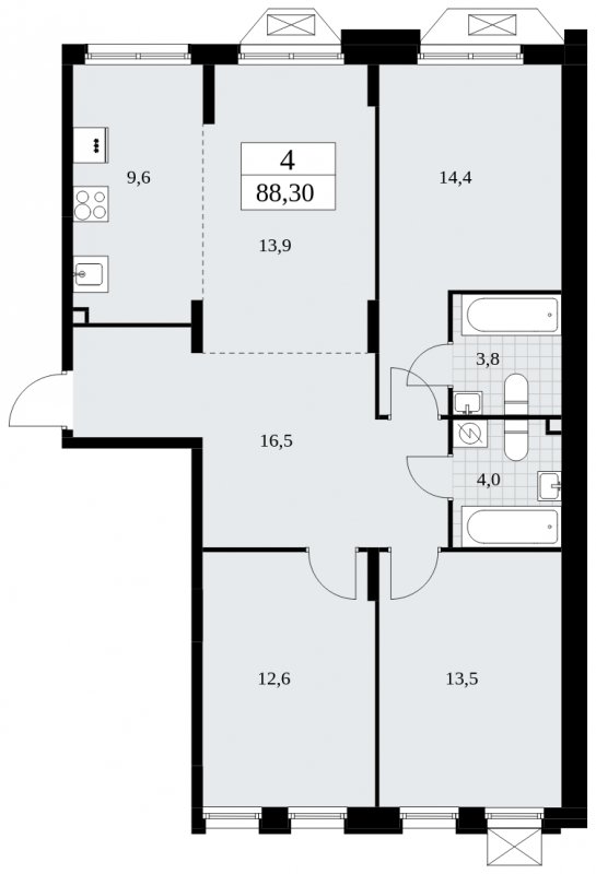 4-комнатная квартира (евро) с частичной отделкой, 88.3 м2, 2 этаж, сдача 4 квартал 2024 г., ЖК Бунинские кварталы, корпус 1.2 - объявление 1834398 - фото №1