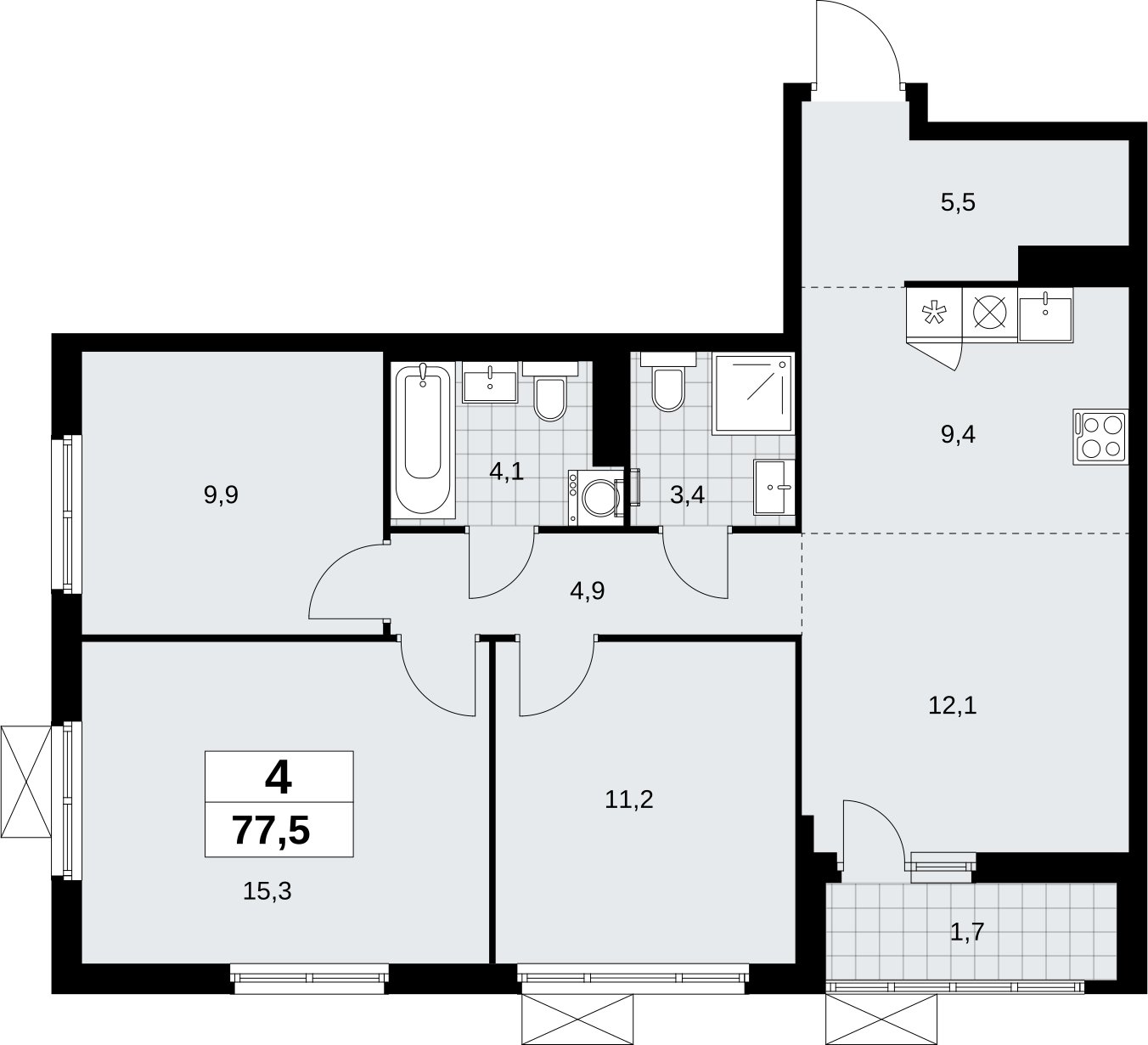 4-комнатная квартира (евро) с полной отделкой, 77.5 м2, 10 этаж, сдача 3 квартал 2026 г., ЖК Дзен-кварталы, корпус 6.1.4 - объявление 2328223 - фото №1