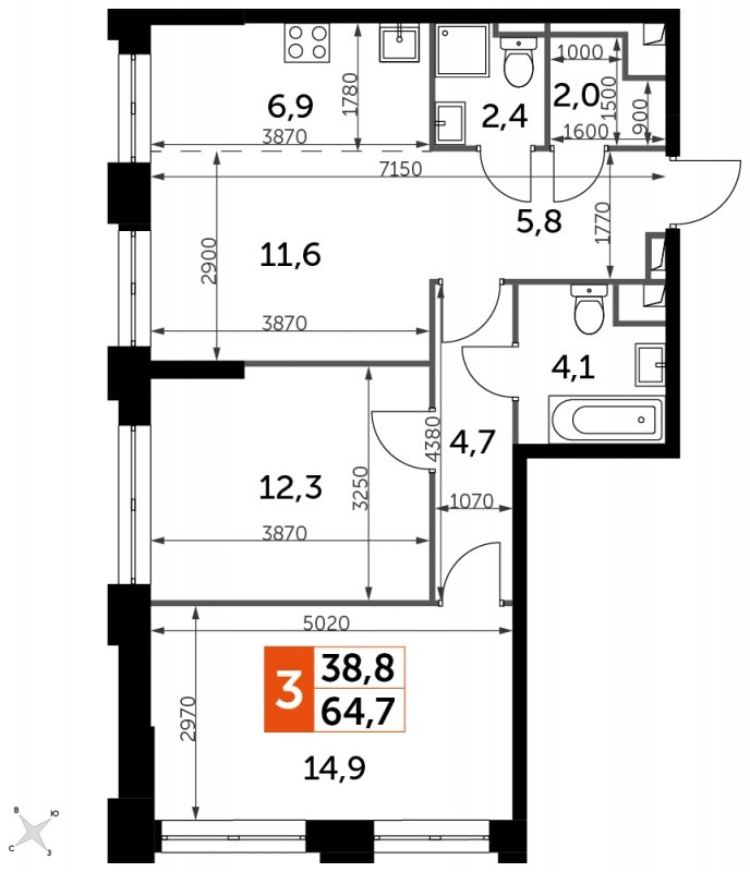 3-комнатная квартира с частичной отделкой, 64.7 м2, 23 этаж, сдача 1 квартал 2023 г., ЖК Sydney City, корпус 3 - объявление 1569062 - фото №1