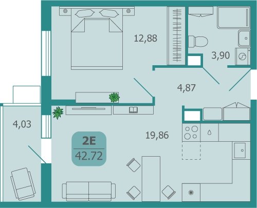 2-комнатная квартира без отделки, 42.72 м2, 8 этаж, сдача 2 квартал 2025 г., ЖК Десятка, корпус 7 - объявление 2200968 - фото №1