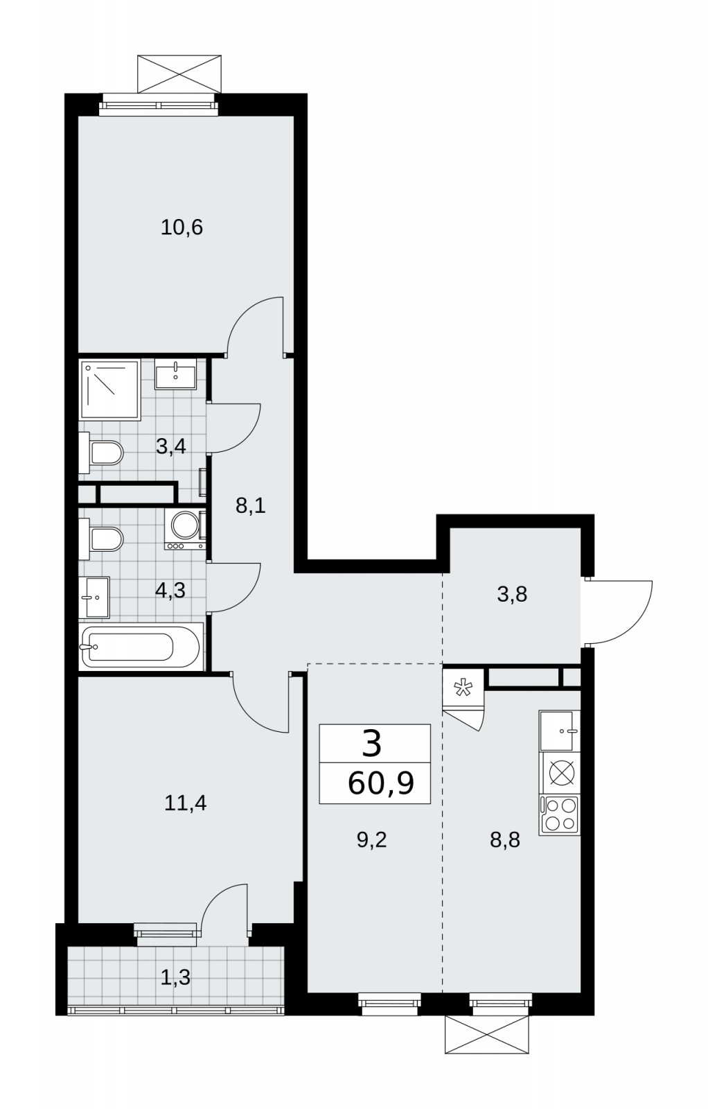 3-комнатная квартира (евро) с частичной отделкой, 60.9 м2, 10 этаж, сдача 1 квартал 2026 г., ЖК Прокшино, корпус 11.1.1 - объявление 2257220 - фото №1