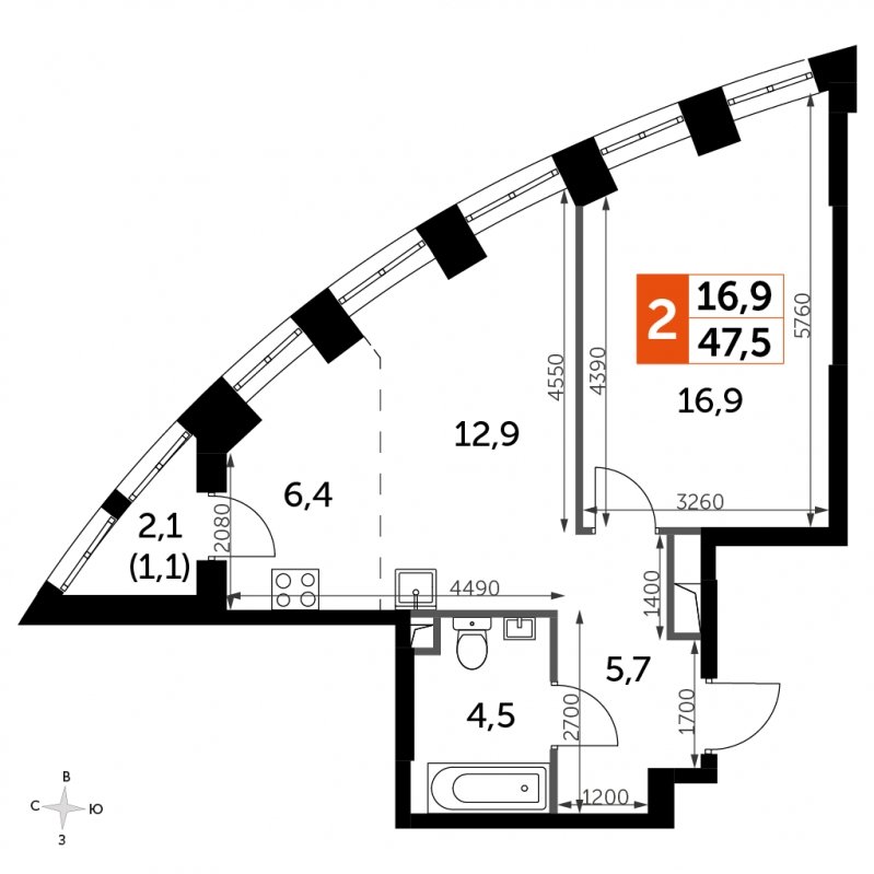 1-комнатная квартира с частичной отделкой, 47.5 м2, 6 этаж, сдача 3 квартал 2024 г., ЖК Sydney City, корпус 2.2 - объявление 1685442 - фото №1