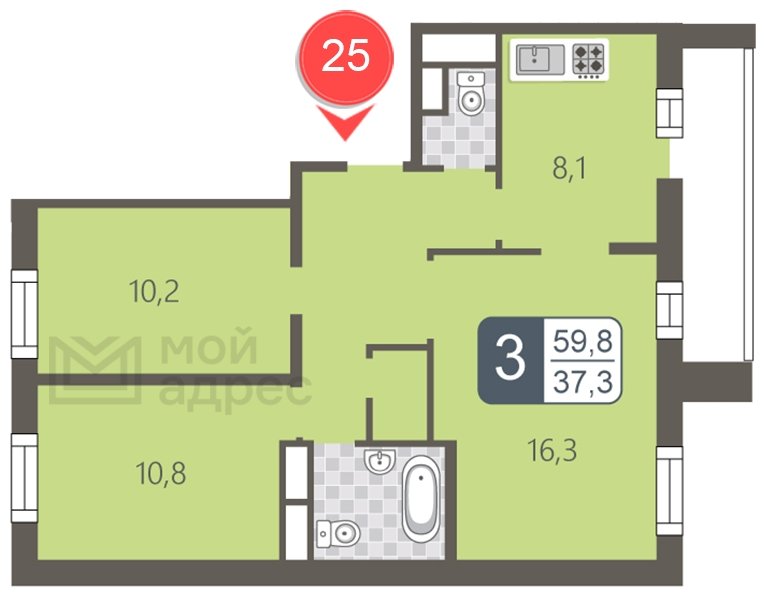 3-комнатная квартира с полной отделкой, 59.8 м2, 8 этаж, дом сдан, ЖК мой адрес В Зеленограде, корпус 2032 - объявление 1702893 - фото №1