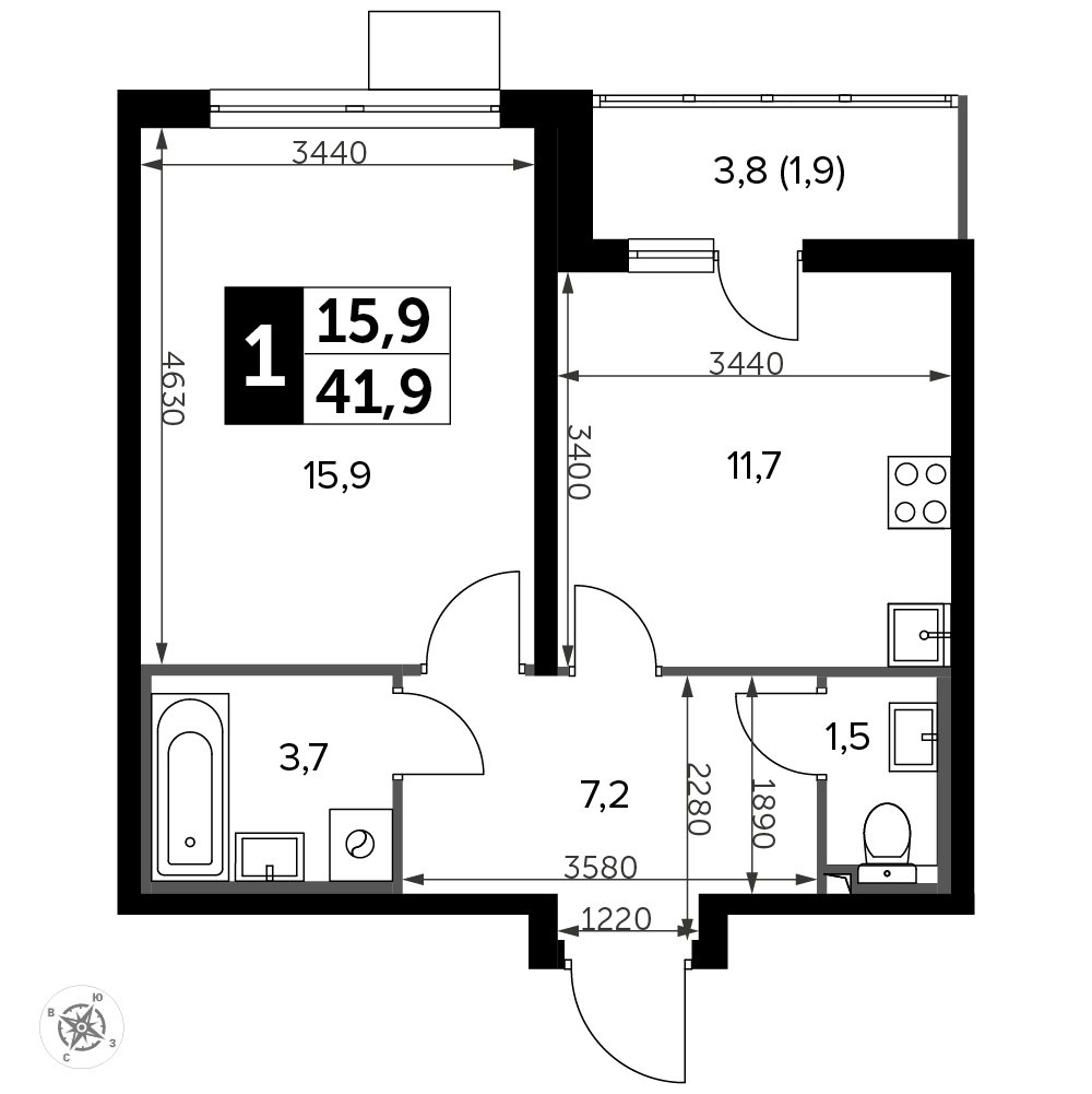 1-комнатная квартира без отделки, 42.9 м2, 19 этаж, дом сдан, ЖК Южная Битца, корпус 12 - объявление 2401697 - фото №1