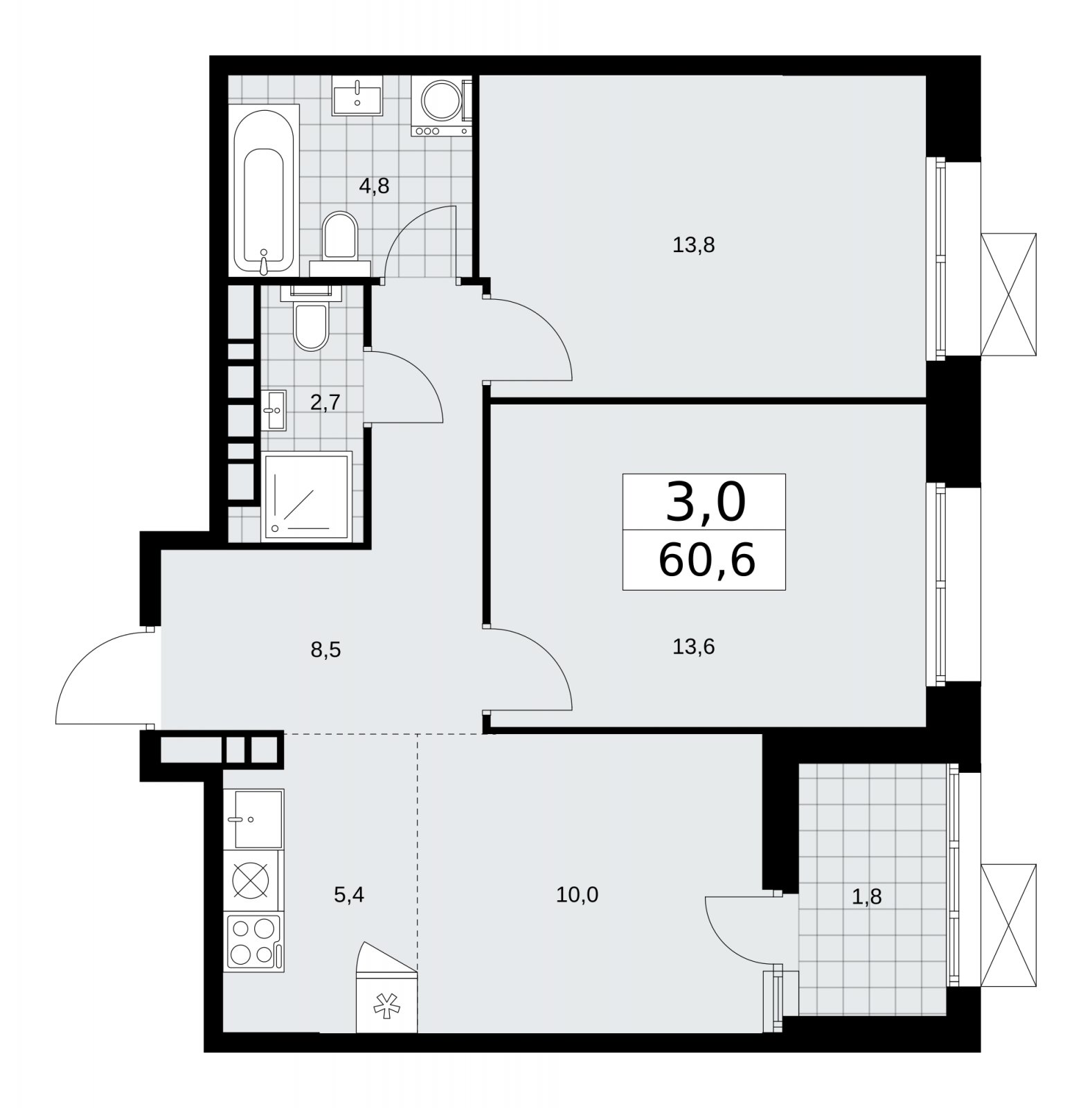 3-комнатная квартира (евро) с частичной отделкой, 60.6 м2, 17 этаж, сдача 1 квартал 2026 г., ЖК Бунинские кварталы, корпус 6.1 - объявление 2252498 - фото №1