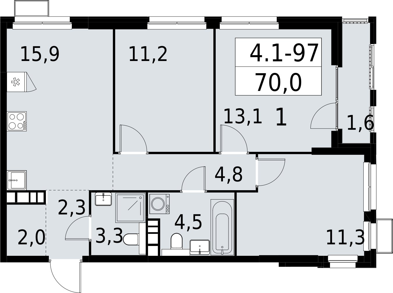 3-комнатная квартира с полной отделкой, 70 м2, 18 этаж, сдача 2 квартал 2027 г., ЖК Южные сады, корпус 4.1.1 - объявление 2392638 - фото №1