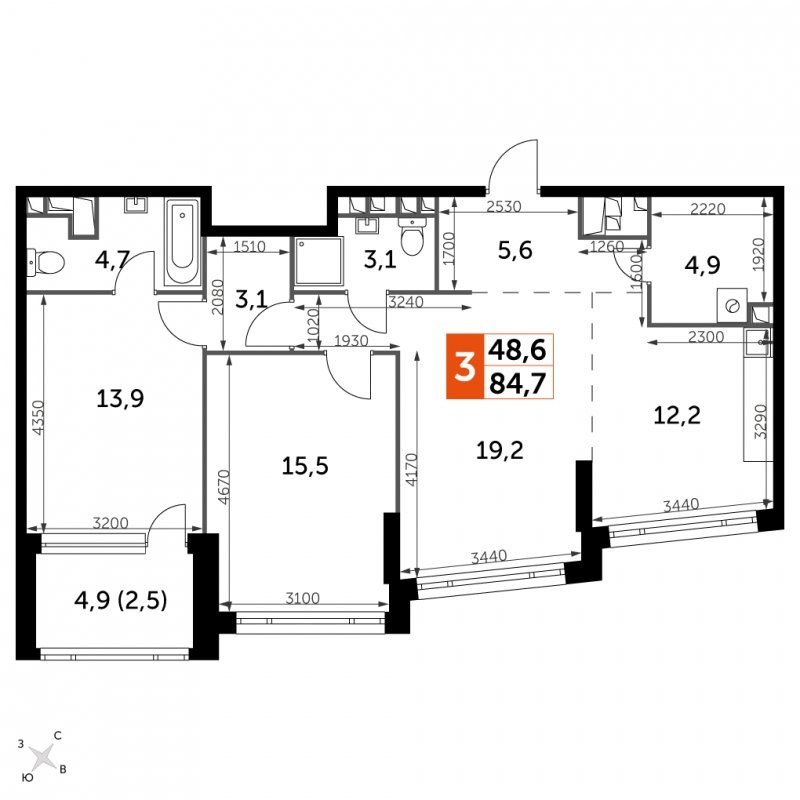 3-комнатная квартира с частичной отделкой, 84.7 м2, 27 этаж, сдача 4 квартал 2024 г., ЖК ROTTERDAM, корпус 2.1 - объявление 1954409 - фото №1