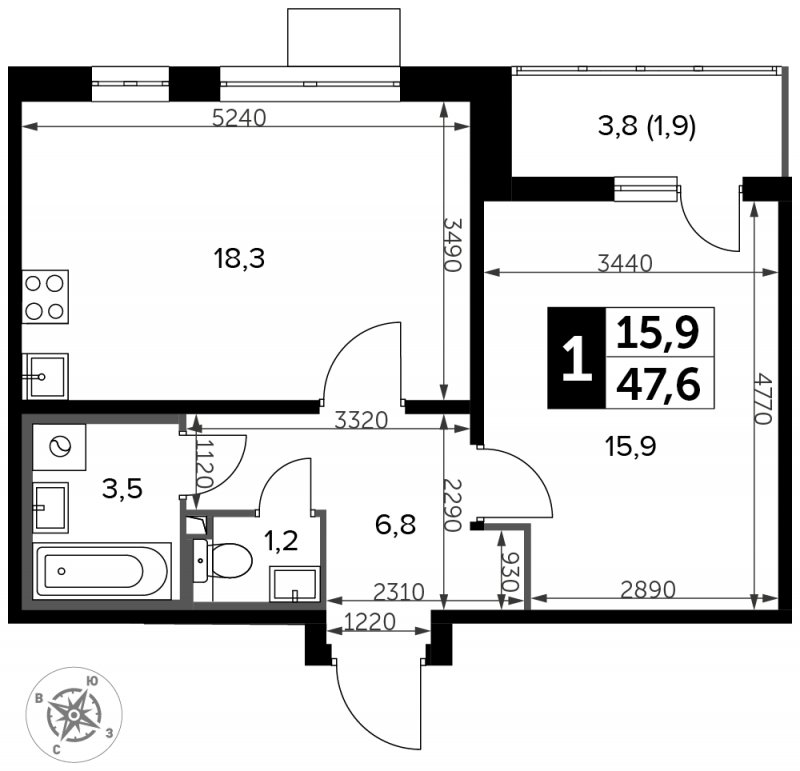 1-комнатная квартира с частичной отделкой, 47.6 м2, 7 этаж, сдача 3 квартал 2023 г., ЖК Южная Битца, корпус 12 - объявление 1771753 - фото №1