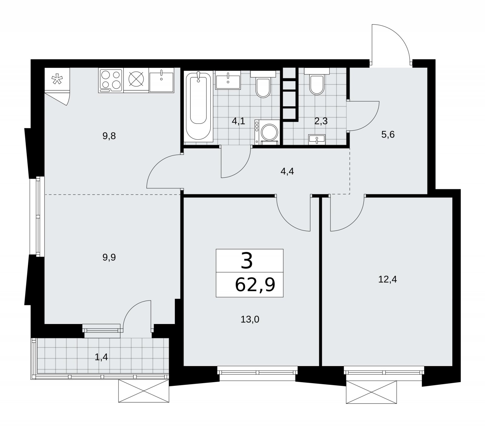 3-комнатная квартира (евро) с частичной отделкой, 62.9 м2, 11 этаж, сдача 1 квартал 2026 г., ЖК Прокшино, корпус 11.1.3 - объявление 2257407 - фото №1