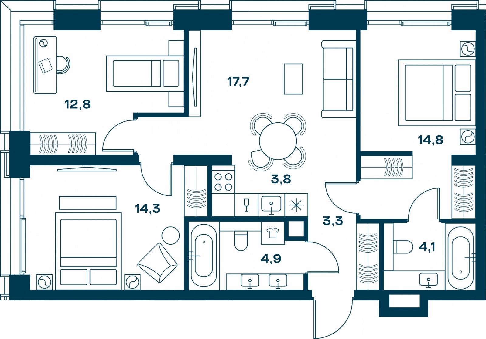 3-комнатная квартира с частичной отделкой, 75.7 м2, 12 этаж, сдача 4 квартал 2026 г., ЖК SOUL, корпус 3 - объявление 2329872 - фото №1