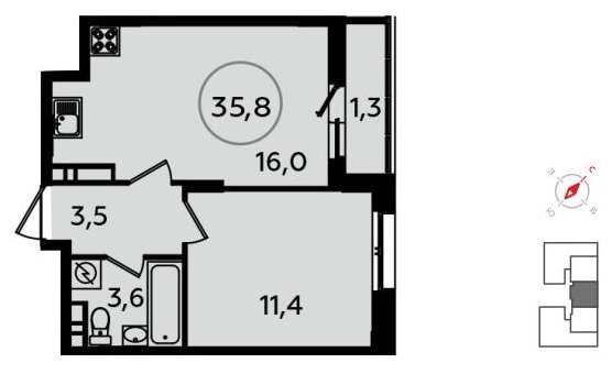 1-комнатная квартира без отделки, 35.8 м2, 13 этаж, сдача 1 квартал 2022 г., ЖК Скандинавия, корпус 13.1 - объявление 1412175 - фото №1