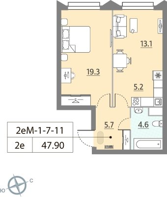 2-комнатная квартира без отделки, 44 м2, 15 этаж, дом сдан, ЖК ЗИЛАРТ, корпус 13 - объявление 2301055 - фото №1