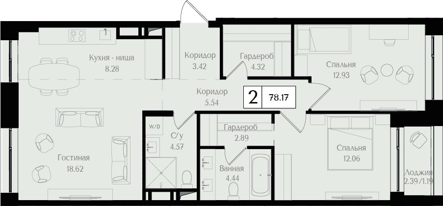 2-комнатная квартира без отделки, 78.17 м2, 8 этаж, сдача 3 квартал 2025 г., ЖК Преображенская площадь, корпус 3 - объявление 2404284 - фото №1