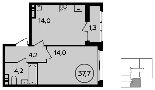 1-комнатная квартира без отделки, 37.7 м2, 11 этаж, сдача 1 квартал 2023 г., ЖК Прокшино, корпус 3.1 - объявление 1410750 - фото №1