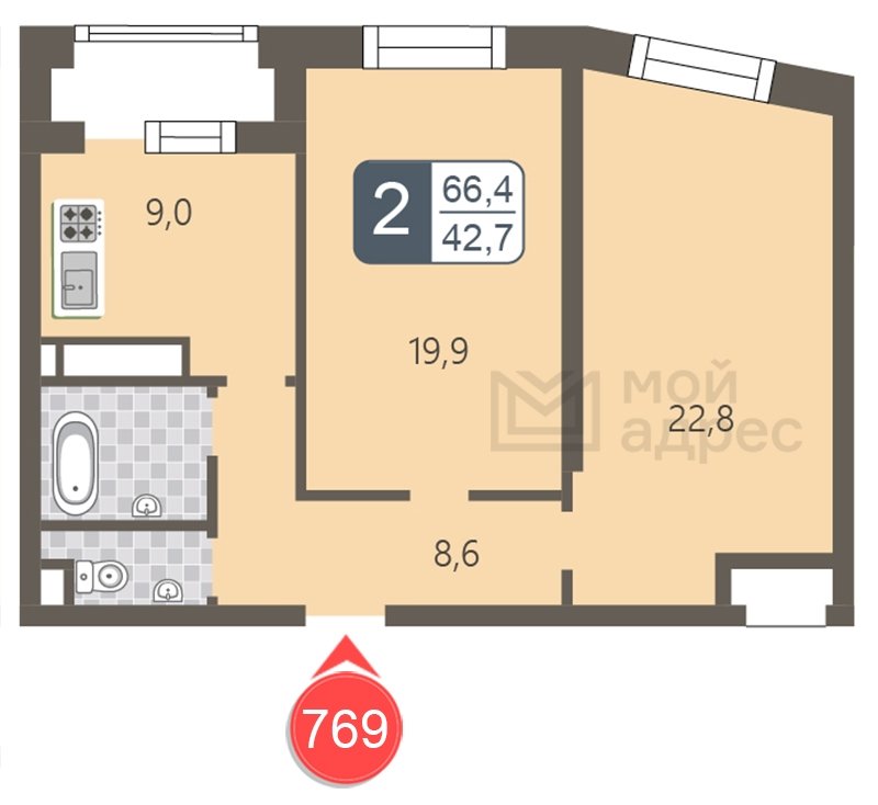 2-комнатная квартира с частичной отделкой, 66.4 м2, 15 этаж, дом сдан, ЖК мой адрес На Береговом, корпус Южный квартал - объявление 1795412 - фото №1