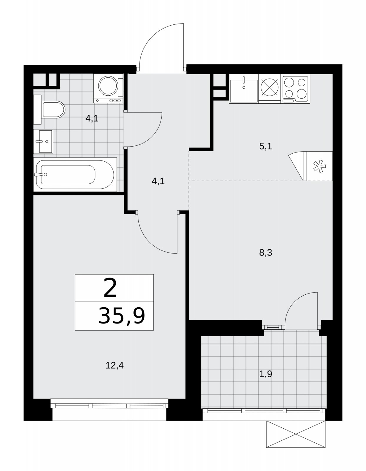 2-комнатная квартира (евро) с полной отделкой, 35.9 м2, 11 этаж, сдача 2 квартал 2026 г., ЖК Деснаречье, корпус 4.9 - объявление 2265408 - фото №1