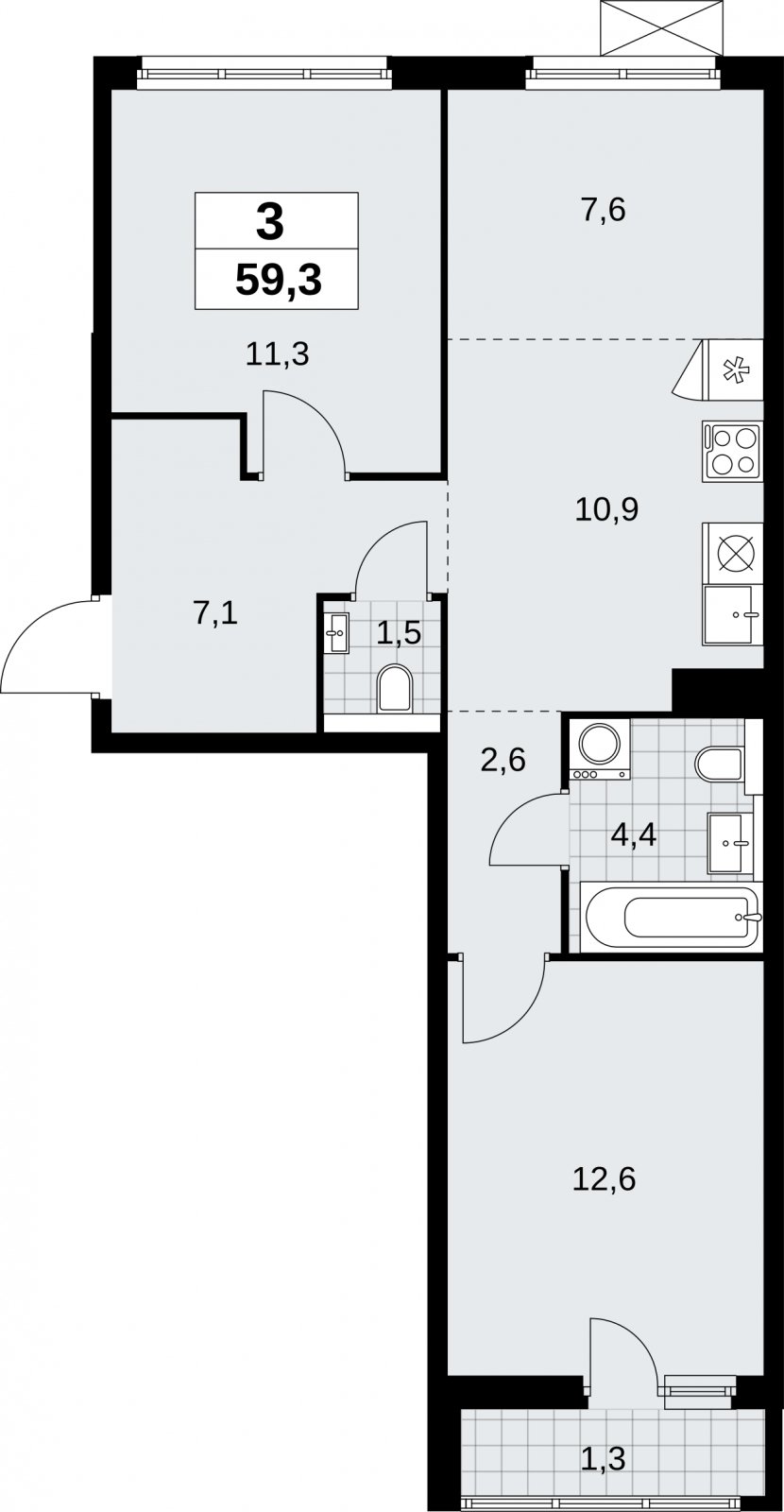 3-комнатная квартира (евро) без отделки, 59.3 м2, 13 этаж, сдача 2 квартал 2026 г., ЖК Бунинские кварталы, корпус 9.1 - объявление 2324045 - фото №1