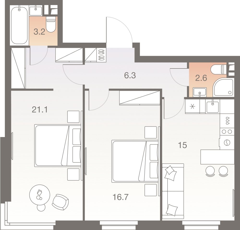 2-комнатная квартира без отделки, 64.9 м2, 3 этаж, сдача 1 квартал 2026 г., ЖК Twelve, корпус 1 - объявление 2331907 - фото №1