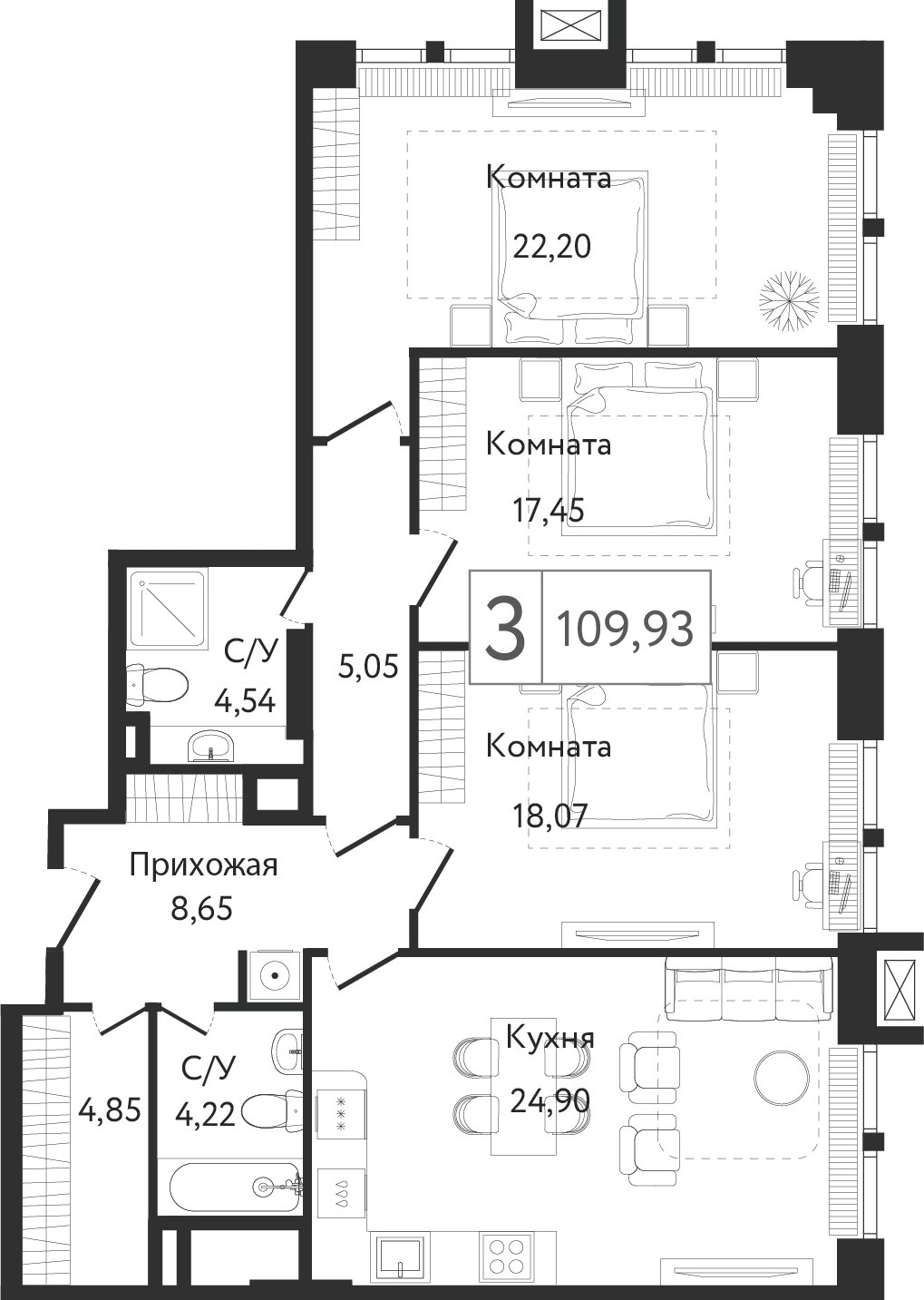 3-комнатная квартира без отделки, 109.93 м2, 3 этаж, сдача 3 квартал 2023 г., ЖК Dream Towers, корпус 2 - объявление 2261245 - фото №1