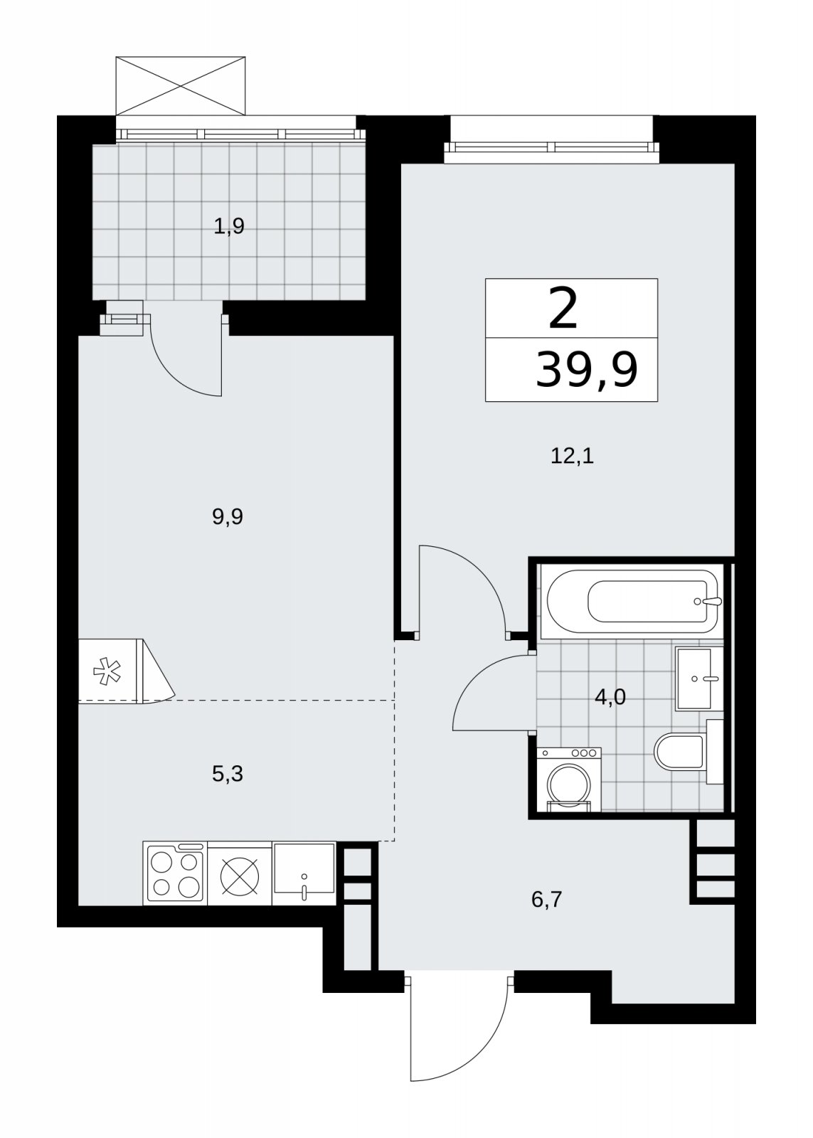 2-комнатная квартира (евро) с частичной отделкой, 39.9 м2, 5 этаж, сдача 2 квартал 2026 г., ЖК Скандинавия, корпус 25.2 - объявление 2283492 - фото №1