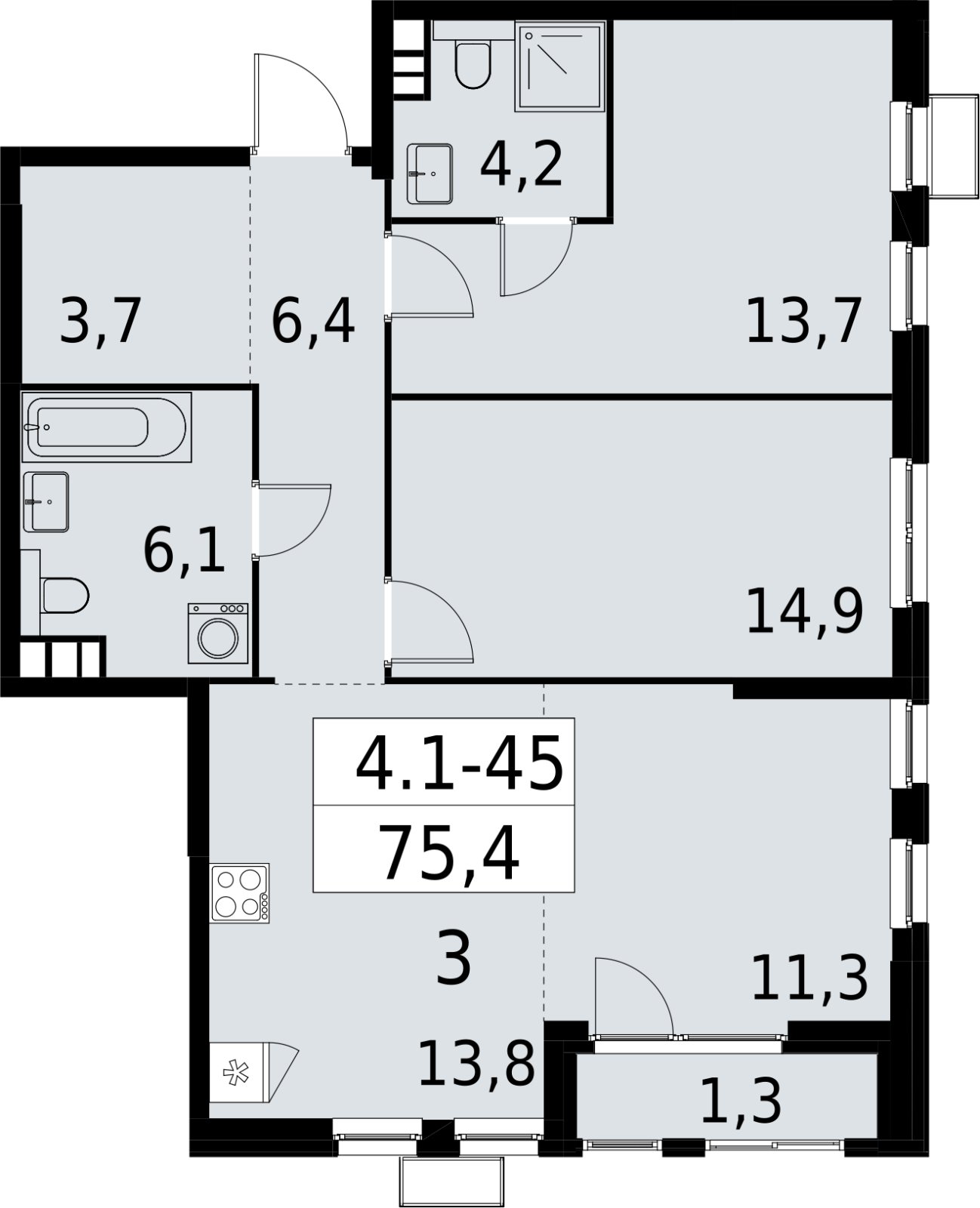3-комнатная квартира (евро) с полной отделкой, 75.4 м2, 9 этаж, сдача 2 квартал 2027 г., ЖК Южные сады, корпус 4.1.1 - объявление 2392586 - фото №1