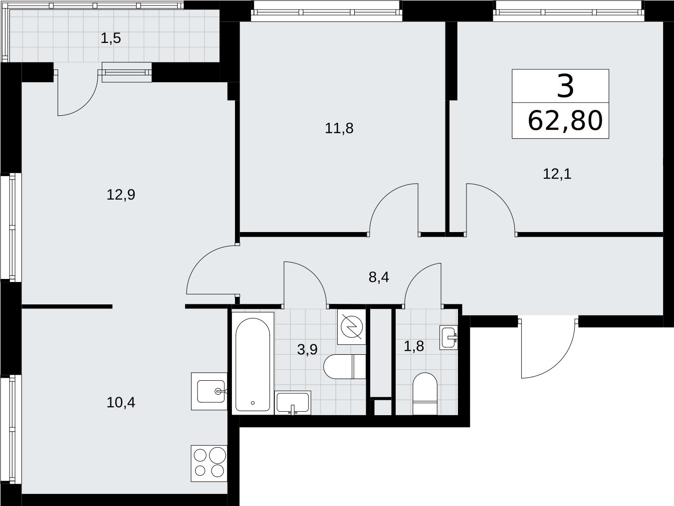 3-комнатная квартира с полной отделкой, 62.8 м2, 3 этаж, сдача 4 квартал 2026 г., ЖК Родные кварталы, корпус 1.2 - объявление 2317718 - фото №1
