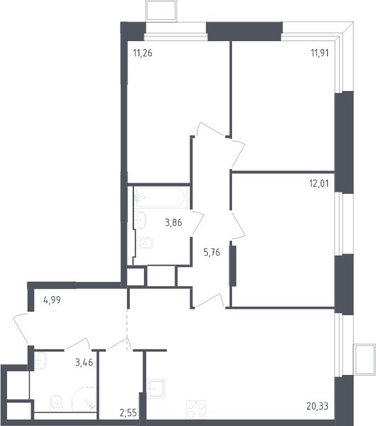 3-комнатные апартаменты с полной отделкой, 77 м2, 8 этаж, сдача 2 квартал 2024 г., ЖК Тропарево Парк, корпус 2.1 - объявление 2064147 - фото №1