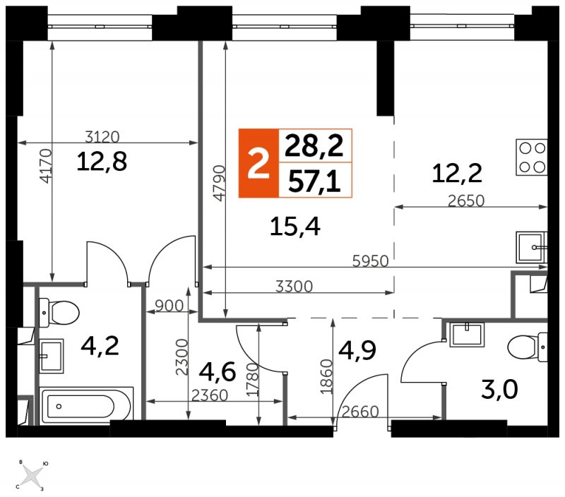 2-комнатная квартира с частичной отделкой, 57.1 м2, 10 этаж, сдача 1 квартал 2023 г., ЖК Sydney City, корпус 3 - объявление 1580508 - фото №1