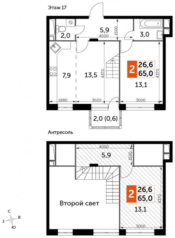 2-комнатная квартира без отделки, 65 м2, 17 этаж, сдача 4 квартал 2023 г., ЖК Датский квартал, корпус 2 - объявление 1662034 - фото №1