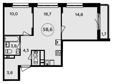 2-комнатная квартира без отделки, 58.6 м2, 16 этаж, сдача 1 квартал 2023 г., ЖК Испанские кварталы, корпус 7.1 - объявление 1410270 - фото №1