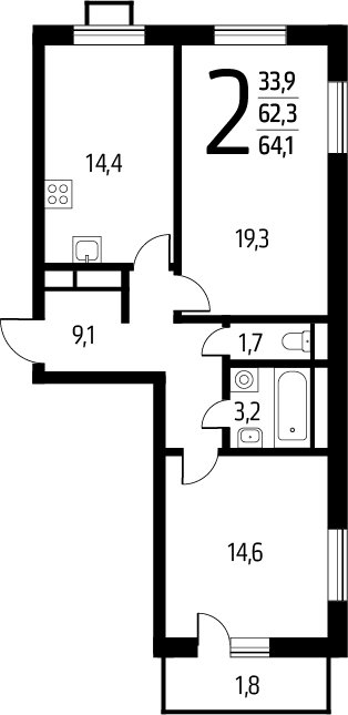 2-комнатная квартира с полной отделкой, 64.1 м2, 9 этаж, сдача 1 квартал 2025 г., ЖК Новые Ватутинки. Заречный, корпус 5/2 - объявление 2271749 - фото №1