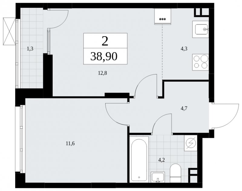 2-комнатная квартира (евро) с частичной отделкой, 38.9 м2, 3 этаж, сдача 3 квартал 2025 г., ЖК Дзен-кварталы, корпус 2.2 - объявление 1932375 - фото №1