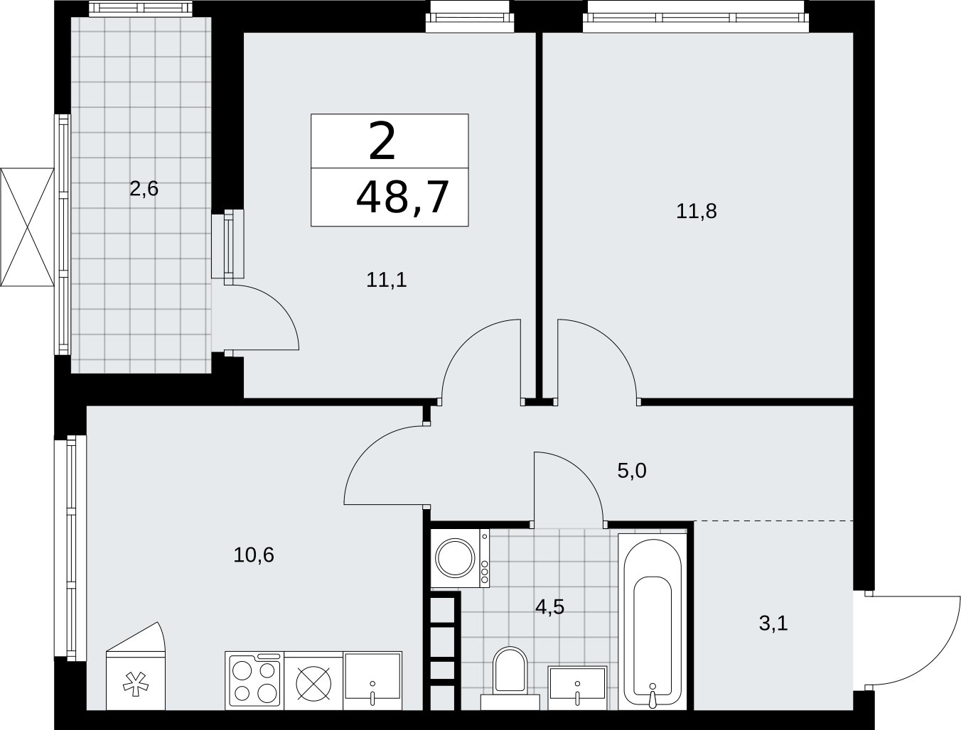 2-комнатная квартира без отделки, 48.7 м2, 10 этаж, сдача 2 квартал 2026 г., ЖК Бунинские кварталы, корпус 5.3 - объявление 2297580 - фото №1